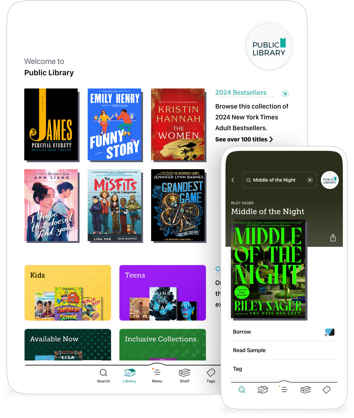 Libby library app displayed on a phone and tablet